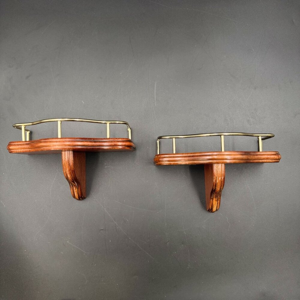 Vintage Pair Wood Wall Candle Sconces Brass Gallery Rail Colonial Style USA Made